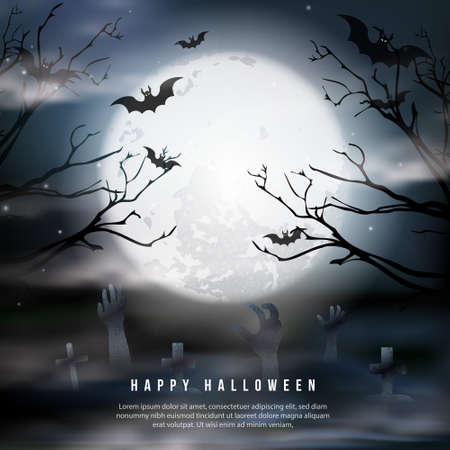 Happy halloween full moon night graveyard background imageのイラスト素材