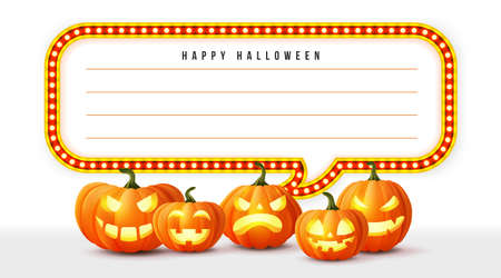 Happy halloween 3D realistic scary jack lantern and neon Circus lights frame memo templateのイラスト素材