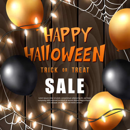 Happy halloween 3D realistic lighting chain balloon and spider web with wooden backgroundのイラスト素材