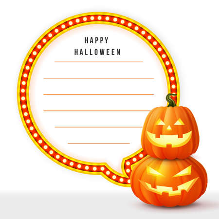 Happy halloween 3D realistic scary jack lantern and neon Circus lights frame memo templateのイラスト素材
