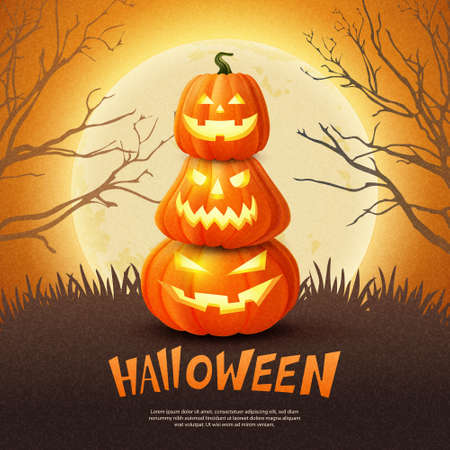 Happy halloween 3D realistic scary jack lantern and full moon backgroundのイラスト素材