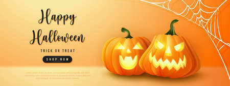 Happy halloween 3D realistic scary jack lantern and spider webのイラスト素材