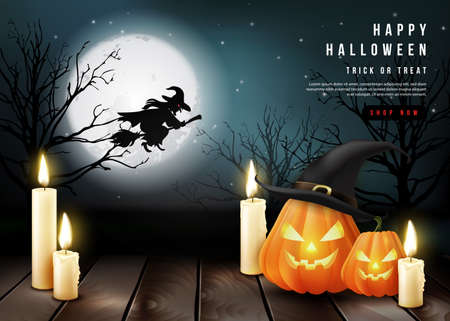 Happy halloween 3D realistic scary jack lantern and candle with full moon night backgroundのイラスト素材