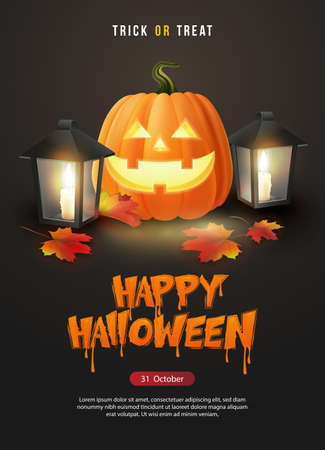 Happy halloween 3D realistic scary jack lantern and candle vintage hand lamp maple leafのイラスト素材