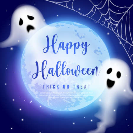 Happy halloween full moon night sky spirit ghost and spider webのイラスト素材