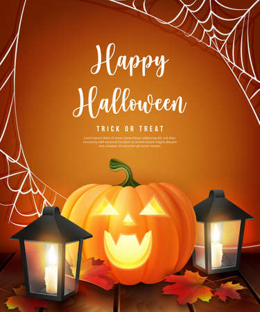 Happy halloween 3D realistic scary jack lantern and candle vintage hand lamp maple spider webのイラスト素材
