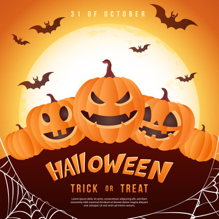 Happy halloween scary jack lantern spider web and bat with full moon backgroundのイラスト素材