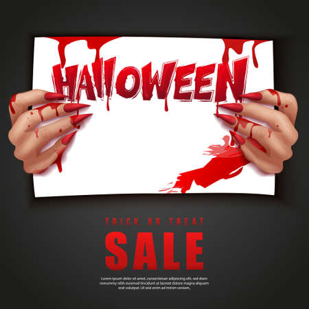 Happy halloween 3D realistic bloody vampire hand holding a paperのイラスト素材