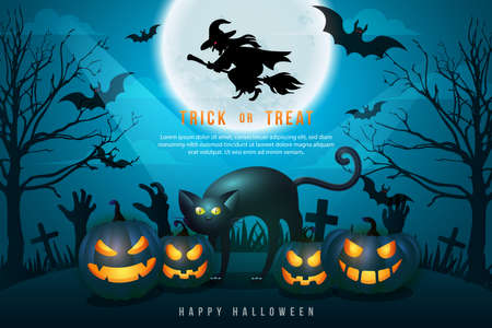 Happy halloween 3D realistic scary jack lantern and black cat with full moon night graveyard backgroundのイラスト素材