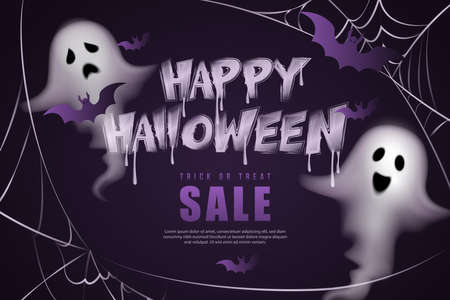 Happy halloween purple tone spirit ghost bat and spider webのイラスト素材