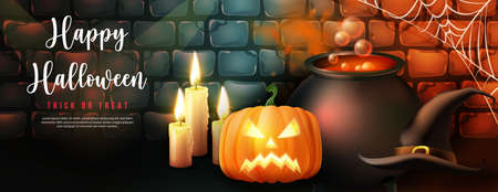 Happy halloween witch's magic poison pot and hat candle pumpkin lantern with vintage retro brick wall backgroundのイラスト素材