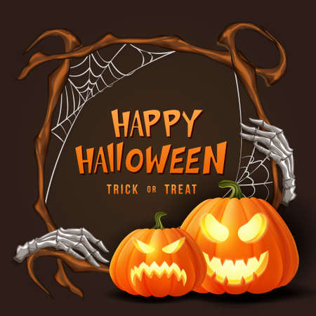 Happy halloween 3D realistic scary jack lantern skeleton hand spider web and wooden frameのイラスト素材