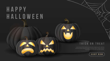 Happy halloween 3D realistic black scary jack lantern and spider webのイラスト素材