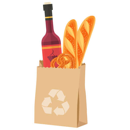 recycle paper bag with bread red wineのイラスト素材