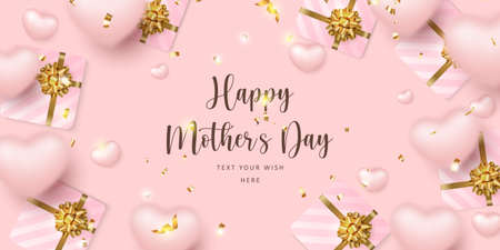 Happy mother's day girlish pink love heart and present gift box with golden ribbon flowerのイラスト素材