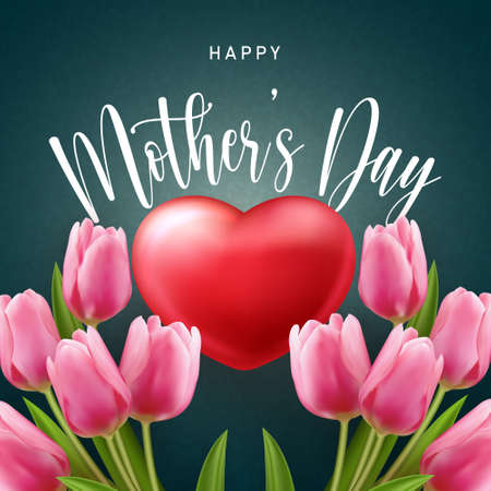 Happy mother's day 3D red love heart and pink tulip flowerのイラスト素材