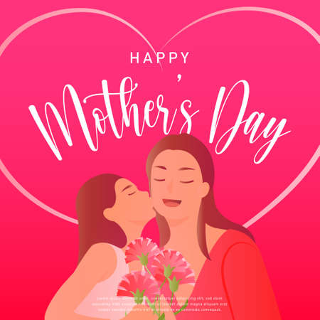 Happy mother's day cartoon daughter kissing mom and holding carnation flowerのイラスト素材