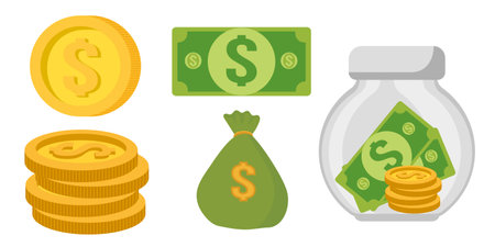 Collection set of money object golden coin paper money bank noteのイラスト素材