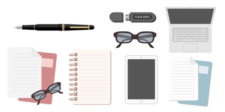 Collection set of office obejct glasses notebook paper document tablet fountain pen flash driveのイラスト素材