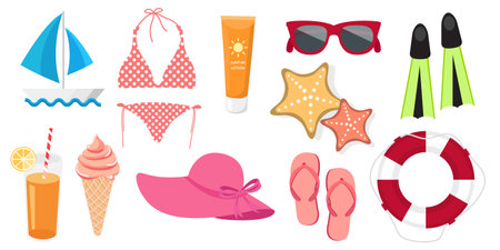 Collection set of summer vacation objects swimming suit sunglass swim ring scuba finsのイラスト素材