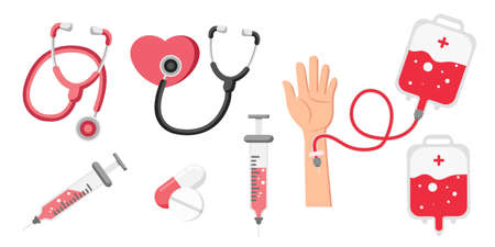 Collection set of medical tool blood bag stethoscope syringe medicineのイラスト素材
