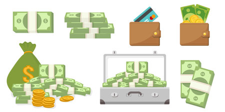 Collection set of money object golden coin bank note purse credit cardのイラスト素材