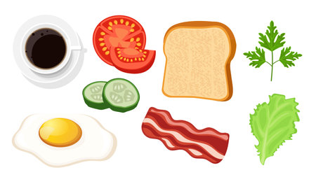 Collection set of breakfast object coffee fried egg bacon tomato cucumber vegetable toastのイラスト素材