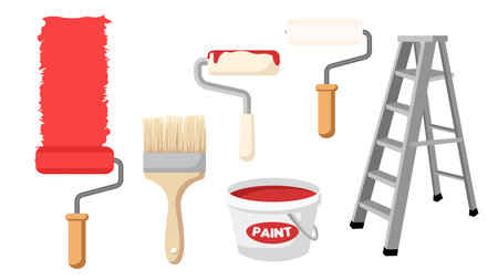 Collection set of painting tool brush paint roller brush stepladderのイラスト素材