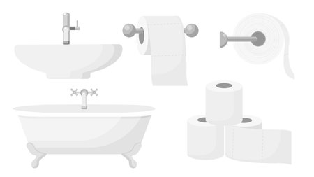 Collection set of bathroom object tissue roll bathtub basinのイラスト素材