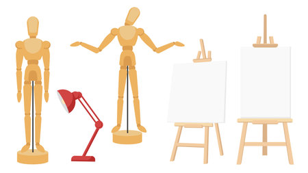 Collection set of paint drawing tool easel woden model lampのイラスト素材