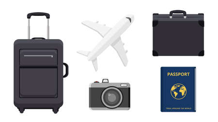 Collection set of travel object luggage airplane camera passport suitcaseのイラスト素材