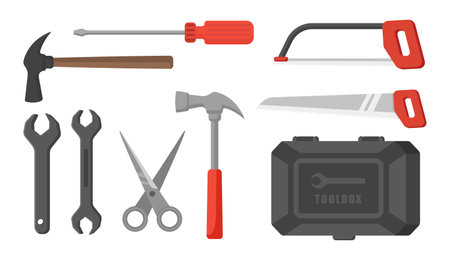 Collection set of tool kit object saw hammer scissors screwerのイラスト素材