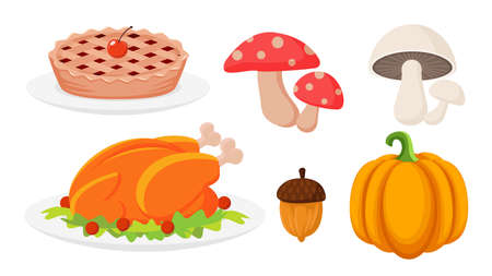 Collection set of food object for Autumn pumpkin roast turkey mushroom chestnut cherry pieのイラスト素材