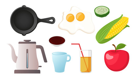 Collection set of breakfast food objcet fried egg apple juice corn cucumberのイラスト素材