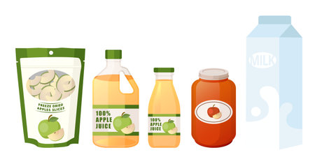 Collection set of processed food objects milk apple jam juice dried fruitのイラスト素材