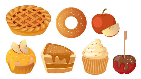 Collection set of food dessert obejct pie bagel cheese cake muffin chocolate covered appleのイラスト素材