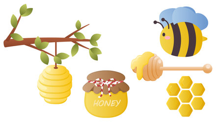 Collection set of cartoon cute honey object bee honeycomb tree branch honey beehiveのイラスト素材