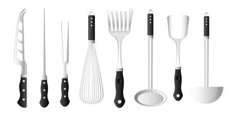 Collection set of kitchenware utensils knife filter spoon fork egg beater roast stick spatulaのイラスト素材