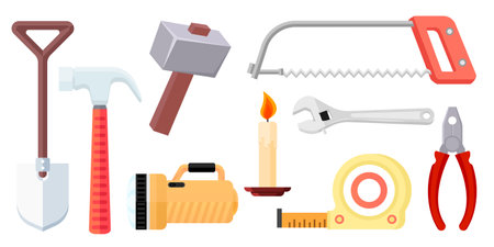Collection set of tool objects shovel hammer saw roller tape flashlight pliers wrench candleのイラスト素材