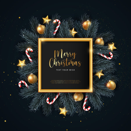 Merry Christmas composition 3D realistic pine fir tree branches candy cane and decoration bauble ball star ornamentsのイラスト素材