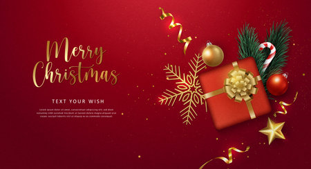 Merry Christmas composition 3D realistic pine fir tree branches gift box with golden ribbon candy cane and decoration baubles ball star ornamentsのイラスト素材