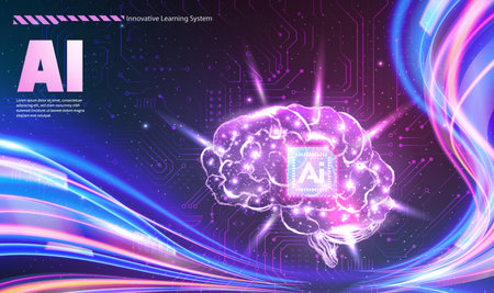 AI technology concept chipset on abstract shinny gradient brain in futuristic style purple pink tone wave line backgroundのイラスト素材