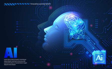 AI technology concept artificial abstract human side face and glowing brain with chip circuit board elegant blue tone backgroundのイラスト素材