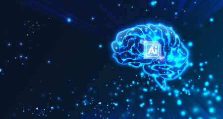 AI technology concept chipset on abstract shinny gradient brain in futuristic style blue tone...