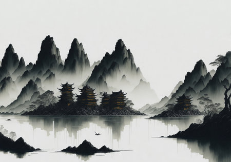 Muted Chinese ink painting of mountain lakeside traditional old house landscape illustration created with generative AI technologyの素材