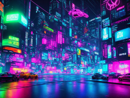 Futuristic glowing neon cyberpunk city street perspective view background illustration created with generative AI technologyの素材