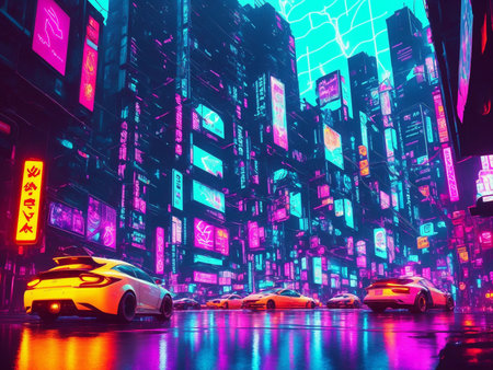 Futuristic glowing neon cyberpunk city street perspective view background illustration created with generative AI technologyの素材