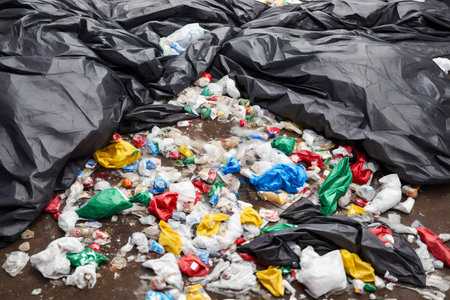 Black trash bag with garbage spilling out on the ground, created with generative AI technologyの素材