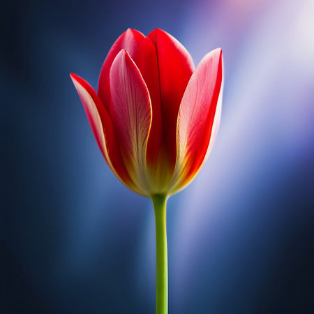 Close up red tulip flower background, created with generative AI technologyの素材