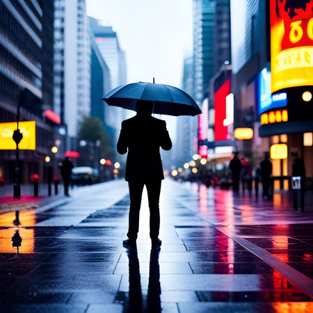 A man carrying an umbrella in the street, created with generative AI technologyの素材